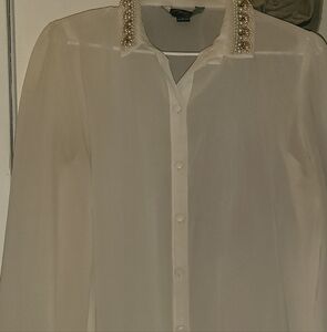 Brooke Leigh Women's Sheer Blouse w/Rhinestone & Pearled Collar Size Large
